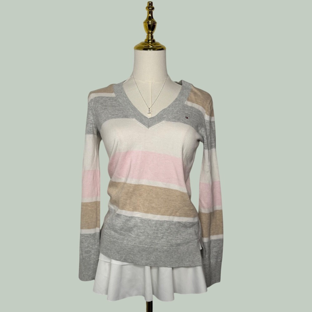 tommy hilfiger striped knit sweater vneck gray white pink coquette y2k preppy